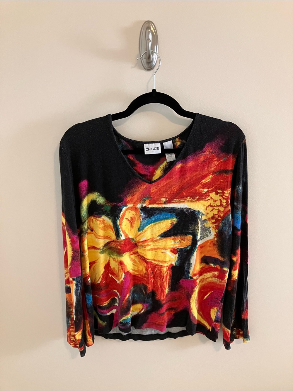 Chico's Art to Wear Floral Print Long Sleeve Shirt in Black/Yellow/Red Size 2
